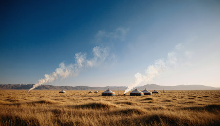 In the serene grasslands, traditional yurts stand tall, with wisps of smoke rising from their chimneys. The sun sets, casting a warm glow over the landscape and creating tranquil vibes.の写真素材
