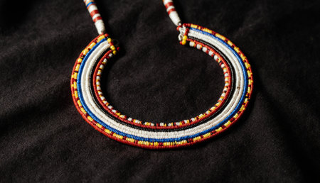 Delicate necklace made with vibrant beads displays a beautiful array of colors and patterns. Its craftsmanship highlights traditional artistry and cultural heritage, perfect for any occasion.の写真素材