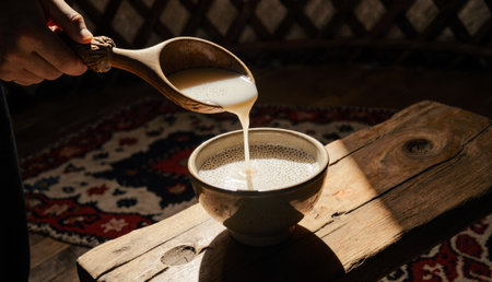 A hand gently pours creamy milk from a wooden ladle into a rustic bowl resting on a handcrafted...