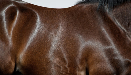 Soft light reveals the rich texture and sheen of the brown horse's coat. The animal rests quietly, showcasing its strong muscles and graceful form in a peaceful setting.の写真素材