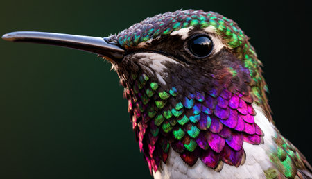 A colorful hummingbird is perched, showcasing its iridescent feathers in shades of green, purple,...