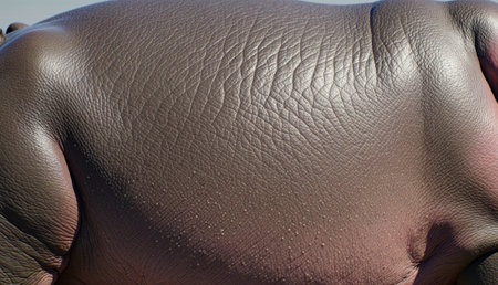 Under the bright sun, a hippo basks peacefully by the waterâ€™s edge. Its large, smooth skin...