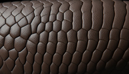 Close-up view of rich brown leather showcasing a stunning scale-like texture. Soft light enhances...