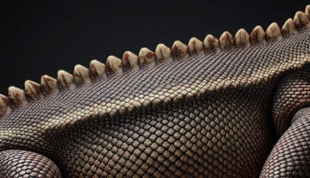 Under dramatic lighting, the intricate details of a reptile's back come to life, showcasing unique scales and spines. Nature's design captivates with textures and patterns that tell a story.の写真素材
