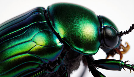 A close-up view reveals the stunning iridescence of a beetleâ€™s shell, reflecting vivid green...