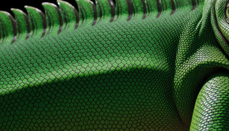 A vibrant green iguana rests on a sunlit branch, its scales shimmering with detail.の写真素材