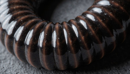 A striking coiled sculpture with glossy black and rich brown tones sits elegantly on a textured gray...