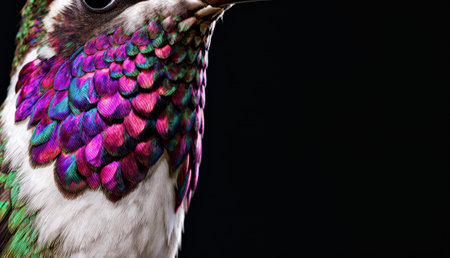 A vivid hummingbird showcases its iridescent feathers against a dark backdrop. This stunning...