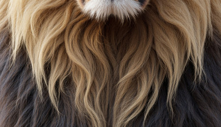 A close view captures the regal beauty of a lion, showcasing its flowing mane and intense gaze....