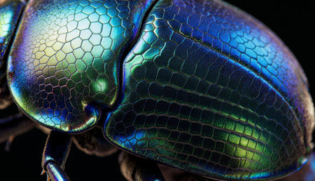 A striking close-up reveals the stunning colors and geometric textures of a beetle's shell. The...