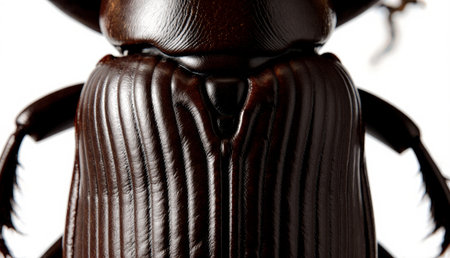 A large beetle with a glossy black shell and intricate texture stands out against a plain backdrop....