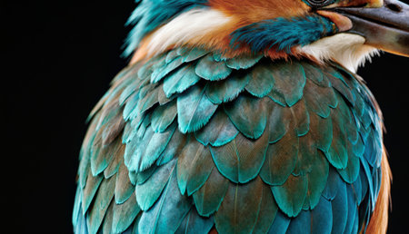 In a close-up view, the majestic feathers of a colorful kingfisher glisten under soft light. The...