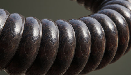 A close-up view reveals the stunning details of a coiled black object. The smooth surface reflects...