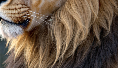 Golden sun highlights the thick, flowing mane of a lion as it rests peacefully in a wildlife sanctuary. The serene moment captures the beauty and power of this magnificent creature.の写真素材