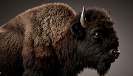A powerful bison stands confidently in a dimly lit studio. Its thick fur glistens softly, showcasing details of strength and grace.の写真素材