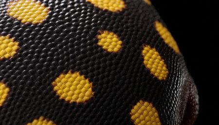 A close view of a textured surface reveals vibrant yellow dots against a rich black backdrop. The...