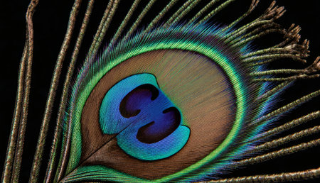 A close-up view of peacock feathers reveals stunning colors and intricate patterns. The rich blues,...