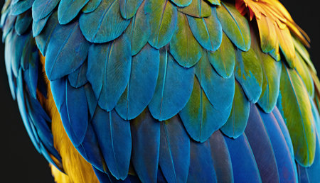 Captivating close-up view of a tropical bird's feathers showcases bright and vivid colors. The intricate patterns reveal the beauty of nature and the richness of wildlife.の写真素材