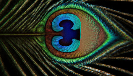 A close-up view reveals the vibrant colors and intricate design of a peacock feather. The blues and...