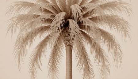 A stunning palm tree stands tall with its gracefully arching fronds. The warm, muted background enhances the tree's elegance, creating a serene and peaceful atmosphere.の写真素材