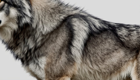 A stunning, strong wolf stands proudly, displaying its thick, luscious fur in shades of gray and...
