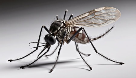 This detailed view captures a mosquito resting on a smooth surface. The fine details of its wings and body highlight the intricate patterns and textures, emphasizing nature's design.の写真素材