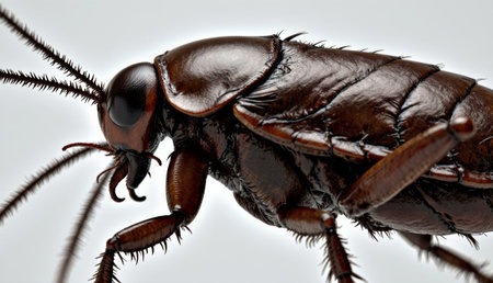 A cockroach poses dramatically under studio lighting, revealing its shiny exoskeleton, long...