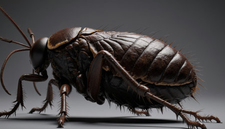 A large cockroach is displayed in close-up, revealing its shiny, dark exoskeleton and intricate...