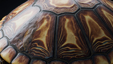 A close-up view showcases the intricate patterns and textures of a tortoise shell caught in natural light. The rich colors create a striking visual that highlights nature's artistry.の写真素材