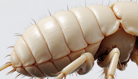 A giant isopod crawls slowly over a smooth surface, showcasing its segmented exoskeleton.の写真素材