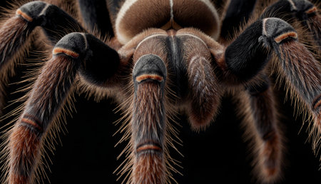 Close-up view of a tarantula reveals its unique colors and fine details on its body and legs. The...