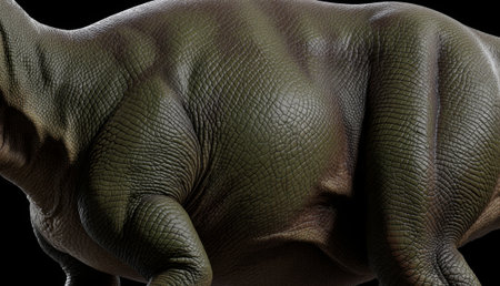 A stunning close-up showcases the intricate skin texture and massive body of a dinosaur. The green scales and muscular physique highlight the creature's prehistoric strength and majesty.の写真素材