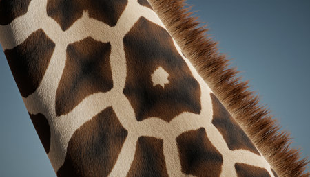 Up close view of a giraffe's unique skin patterns and fur. The smooth patches of brown and cream create an artful display. Soft lighting enhances the details, capturing nature's beauty.の写真素材