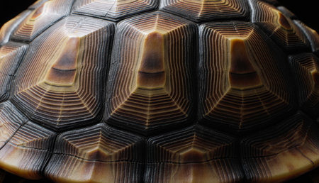 Close view highlights the stunning geometric designs of a tortoise shell. The natural patterns evoke a sense of wonder and appreciation for wildlife's artistry and beauty.の写真素材