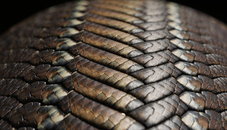 Close-up view reveals the stunning patterns and textures of a snake skin. The interplay of light enhances the rich colors and intricate designs, showcasing nature's artistry in detail.の写真素材