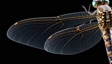 Intricate patterns and textures of a dragonfly's wings are highlighted against a deep, dark...
