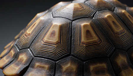 Zooming in on a tortoise shell reveals stunning geometric patterns and textures. The earthy tones and intricate designs showcase nature's artistry in this close-up view of the reptile's armor.の写真素材