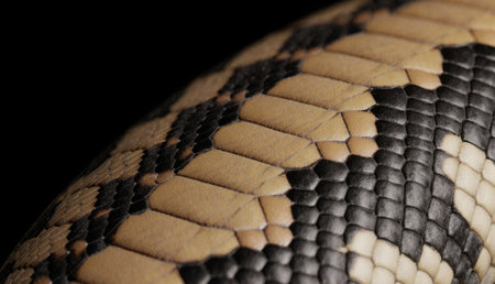 In a darkened space, the stunning patterns of a snake's scales reveal a blend of earthy tones. Each...