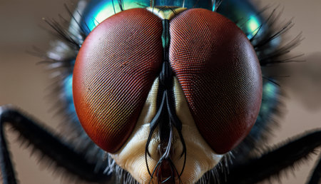 Vibrant and detailed close-up captures a fly's striking red eyes and delicate structure. The image showcases its intricate textures and shiny surface, creating an intriguing natural masterpiece.の写真素材
