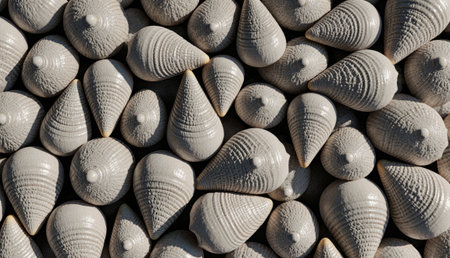 A collection of beautifully crafted ceramic cone shapes sits neatly on a flat surface. Each piece showcases intricate textured patterns.の写真素材