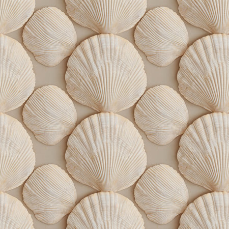 Intricate seashells are beautifully arranged in a repeating pattern, showcasing their natural...