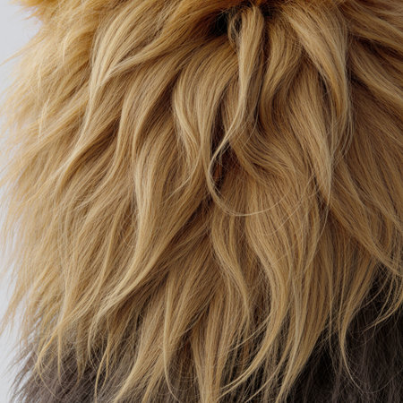 Soft golden strands flow gracefully from the mane of a lion, embodying the wild elegance of this noble creature. The intricate textures create a stunning visual of nature's artistry.の写真素材