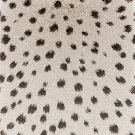 The close-up view reveals a striking pattern of soft fur adorned with numerous dark spots on a light background, highlighting nature's artistic flair in animal textiles.の写真素材