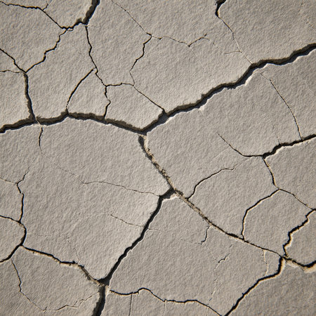 Under bright sunlight, the parched ground shows an intricate pattern of cracks, highlighting the...