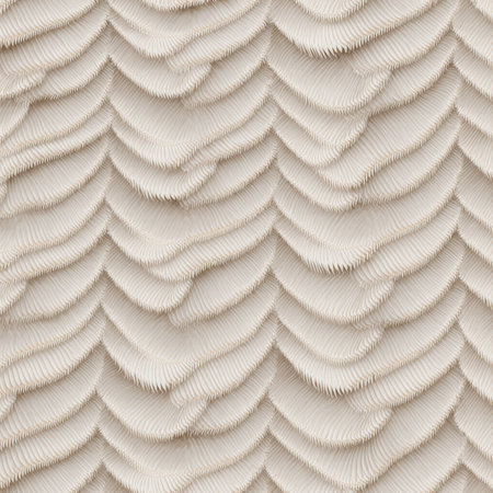 A captivating wall features an intricate pattern of layered, scalloped designs in soft, muted...