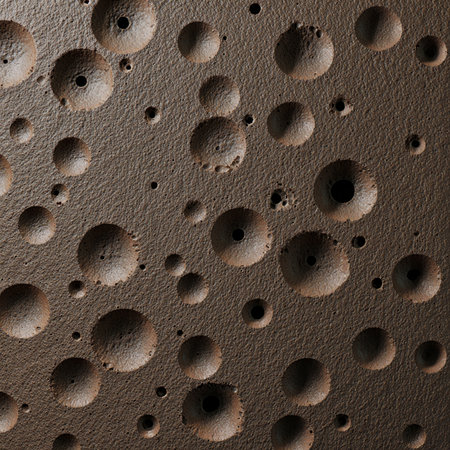A detailed view reveals a rugged landscape dotted with numerous craters, showcasing the unique and complex surface of an alien moon. Patterns and textures create a stark yet fascinating appearance.の写真素材