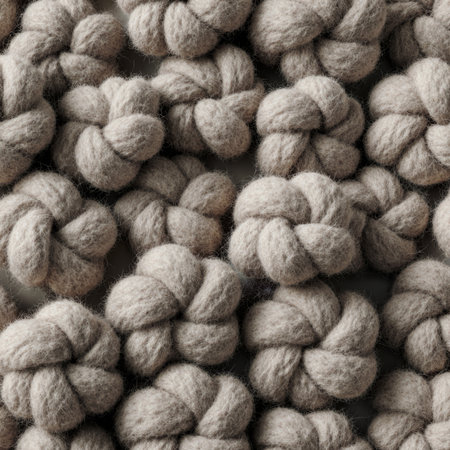 Delicate knots of soft wool lie closely together, forming a textured surface. The warm, neutral...