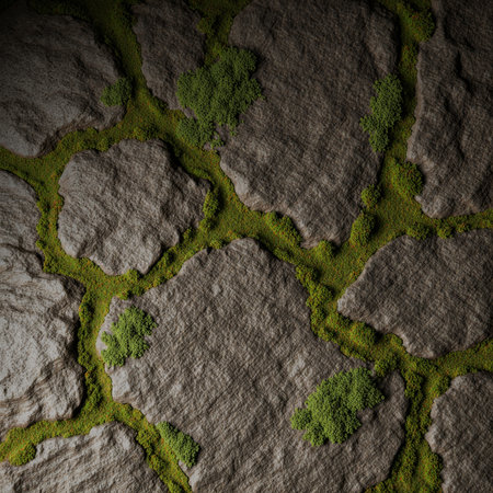 Rugged stone pathways adorned with vibrant green moss create a beautiful contrast in the tranquility of nature. Soft lighting highlights the textures, showcasing the harmony of earth and life.の写真素材