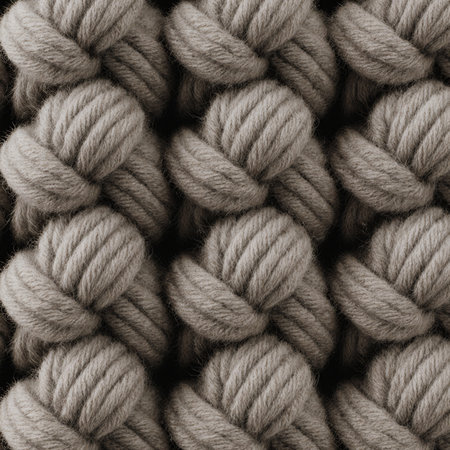 This cozy knitting scene features a detailed pattern of soft gray yarn, creating a comforting...
