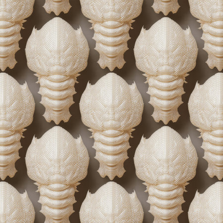 A striking pattern showcases stylized sea creatures resembling ancient armor, arranged in a harmonious grid. The soft beige tones give a calming effect, reminiscent of ocean depths.の写真素材